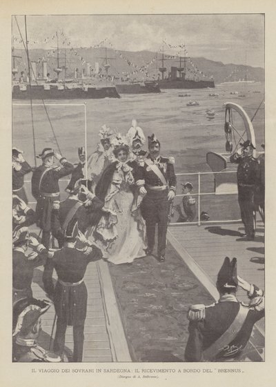 A viagem dos soberanos na Sardenha, a recepção a bordo do Brennus de Achille Beltrame