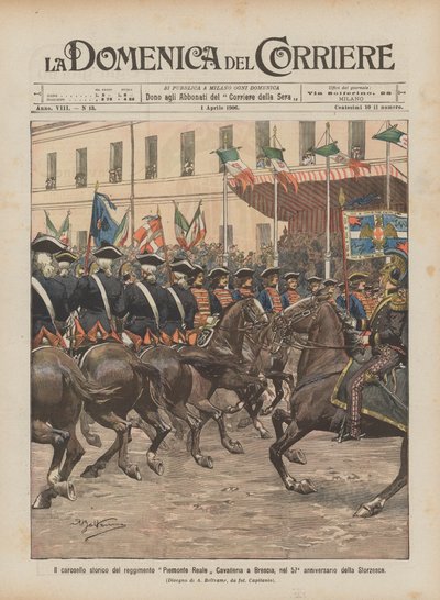 O carrossel histórico do regimento Piemonte Reale Cavalleria em Brescia, no 57º aniversário de Storzesca de Achille Beltrame