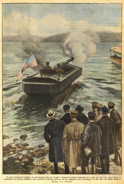 O tanque de assalto anfíbio, um novo tipo de tanque, durante os testes realizados em nome do de Achille Beltrame