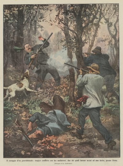 A coragem de um guarda florestal, um trágico conflito com três malfeitores, dois dos quais foram mortos de Achille Beltrame