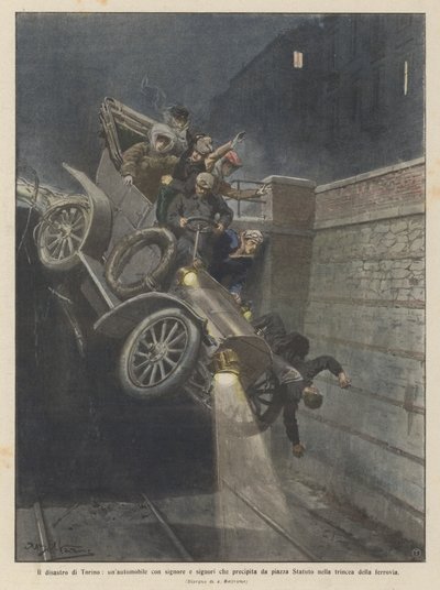 O desastre de Turim, um carro com senhoras e senhores que cai da Praça Statuto no de Achille Beltrame