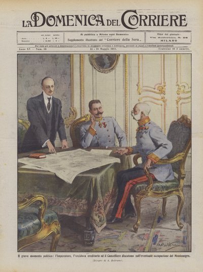 O grave momento político, o imperador, o arquiduque hereditário e o chanceler argumentam de Achille Beltrame