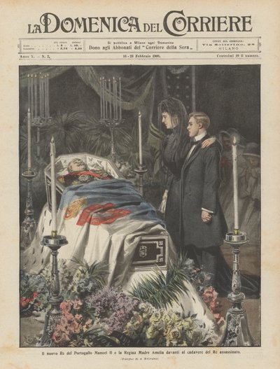 O novo rei de Portugal Manuel II e a rainha-mãe Amélia em frente ao cadáver do rei assassinado de Achille Beltrame