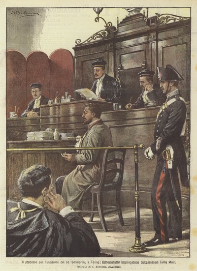 O processo pelo assassinato do co, Bonmartini, em Turim, o interrogatório lamentando do assassino Tullio Murri de Achille Beltrame