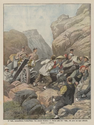 Os ataques de Pequim-Paris, Lon, Prince Borghese e L, Barzini em seu Itala em de Achille Beltrame