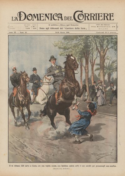 Rei Alfonso XIII salva Ceuta, com um movimento rápido, uma garotinha caída debaixo do cavalo dele de Achille Beltrame