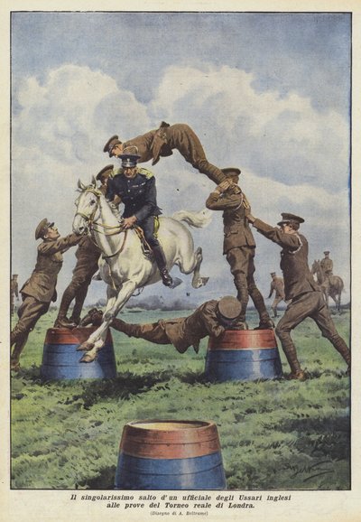 O singular oficial de salto dos hussardos britânicos nos ensaios do Royal Tournament em Londres de Achille Beltrame