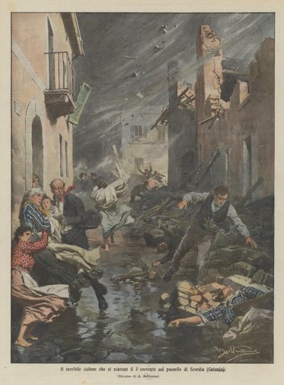 O terrível ciclone que eclodiu os 3 atuais na aldeia de Scordia (Gatania) de Achille Beltrame