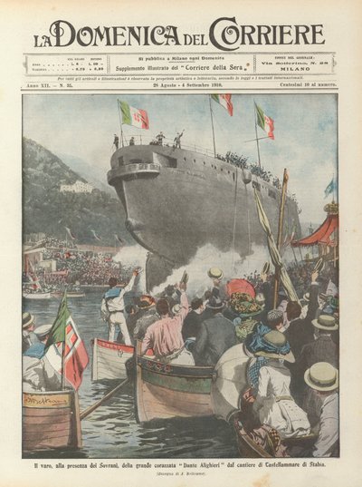 O lançamento, na presença dos soberanos, do grande encouraçado Dante Alighieri a partir do local de construção de Castellammare di Stabia de Achille Beltrame