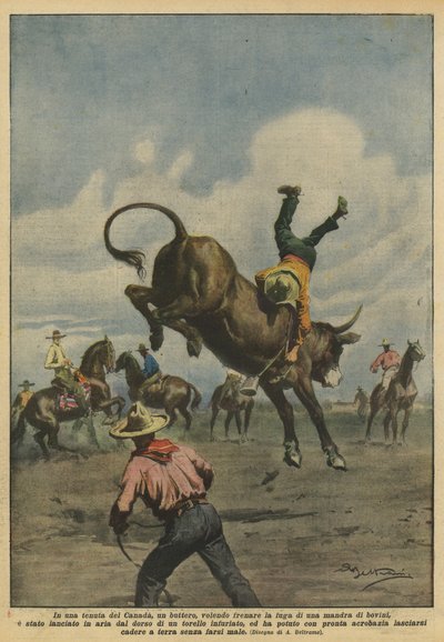 Em uma propriedade canadense, uma pata, querendo parar a fuga de um rebanho de gado de Achille Beltrame