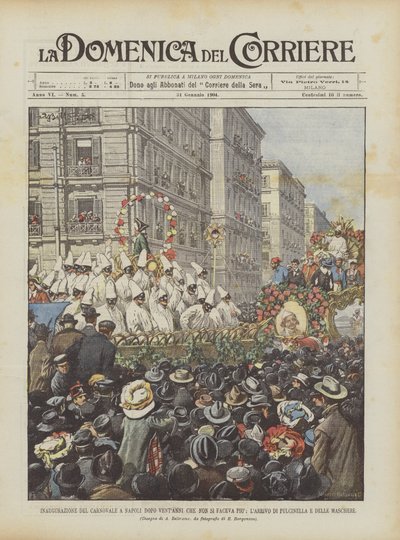 Inauguração do Carnovale em Nápoles depois de vinte anos que não foi feito mais, a chegada de Pulcinella e das máscaras de Achille Beltrame