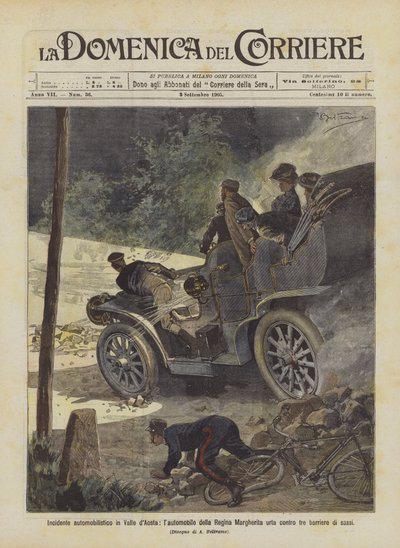 Acidente de carro no Valle dAosta, o carro da Regina Margherita bate três barreiras de pedra de Achille Beltrame