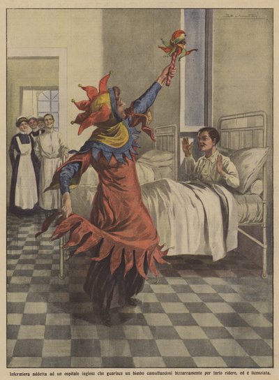 Enfermeira envolvida em um hospício inglês que cura uma criança disfarçada de uma forma bizarra de Achille Beltrame