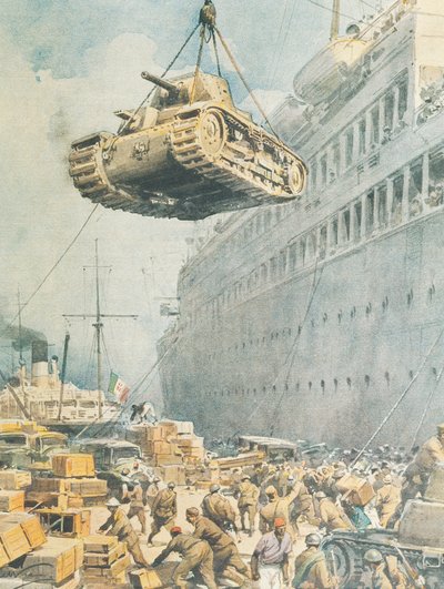 Comboio italiano chegando ao seu destino na Líbia, por Achille Beltrame, ilustração, Ilustrador Achille Beltrame (1871-1945), de La Domenica del Corriere de Achille Beltrame