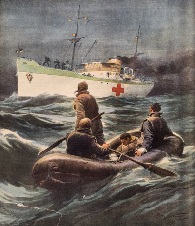 Navio hospitalar italiano que resgata quatro aviadores alemães abatidos, por Achille Beltrame (1871-1945), ilustração de La Domenica del Corriere, 23 de fevereiro de Achille Beltrame