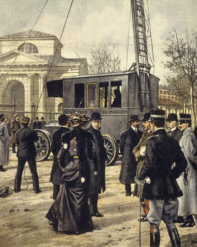 O físico italiano Guglielmo Marconi assiste a experiências com a primeira estação de rádio móvel em Milão, 30 de dezembro de Achille Beltrame