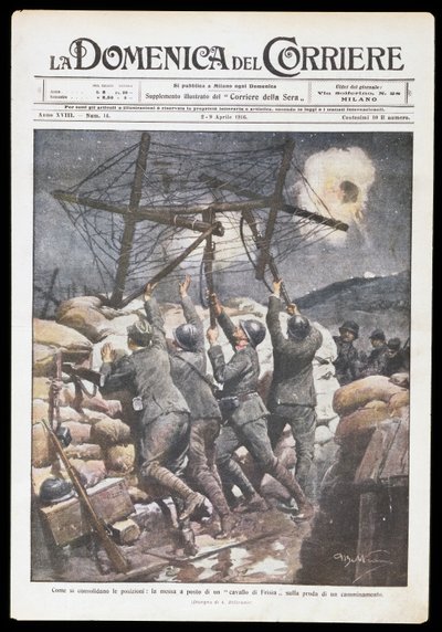 Soldados italianos colocando cavalo frísio na trincheira, placa de Achille Beltrame (1871-1945) para Domenica del Corriere, 2-9 de Abril de 1916, Primeira Guerra Mundial, Itália, século 20 de Achille Beltrame
