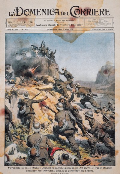 Tropas italianas avançando em solo etíope, ilustração de La Domenica del Corriere, 20 de outubro de Achille Beltrame