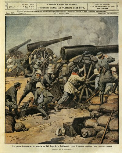 Guerra Ítalo-Turca, fogo de bateria do Canhão No. 149 que encaminha uma caravana inimiga em Bu-Kamek em direção à fronteira tunisina, ilustrador Achille Beltrame (1871-1945), de La Domenica del Corriere, 7 de julho de 1912 de Achille Beltrame