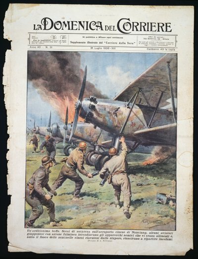 Ataque de comando japonês ao aeroporto chinês de Nanchang, placa de Achille Beltrame (1871-1945) do jornal La Domenica del Corriere, 31 de julho de Achille Beltrame