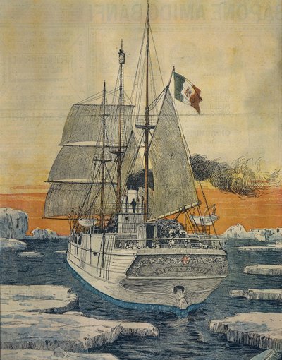 Viagem ao Pólo Norte: Nave Polar Star que levou o Príncipe Luigi Amedeo de Savoy-Aosta, Duque de Abruzzi, à Baía de Teplitz em Rudolf-Island, por Achille Beltrame (1871-1945), de La Domenica del Corriere. de Achille Beltrame