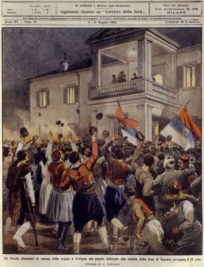 Rei Nicolau I de Montenegro perante uma multidão em Cettigne após a rendição da cidade de Shkoder, 4 de Maio de Achille Beltrame
