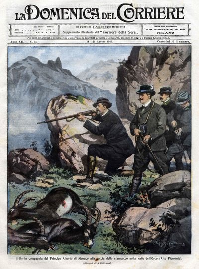 Rei de Itália Victor Emmanuel III (Victor-Emmanuel) (Vittorio Emanuele) com o Príncipe Alberto I do Mónaco caçam o ibex. cobertura da domenica del corriere de 14 de Agosto de 1910 de Achille Beltrame
