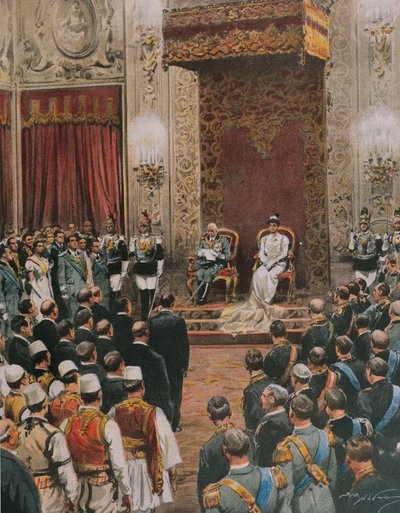 Rei da Itália, Vittorio Emanuele III da Sabóia, sendo coroado Rei dos Albaneses, por Achille Beltrame, ilustração, Ilustrador Achille Beltrame (1871-1945), de La Domenica del Corriere de Achille Beltrame