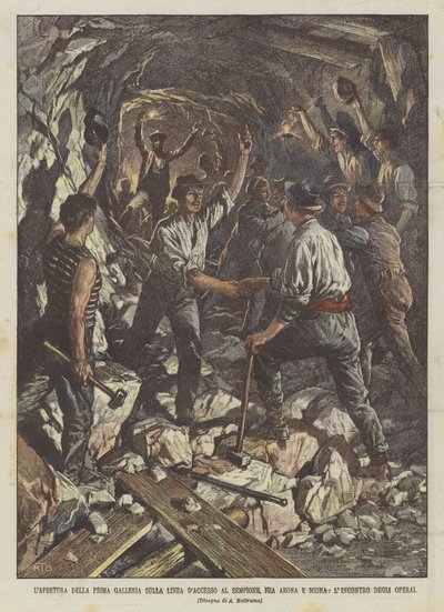 A abertura da primeira galeria na rota para o Sempione, entre Arona e Meina, a reunião dos trabalhadores de Achille Beltrame