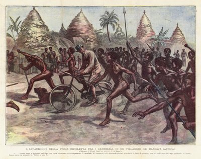A aparição da primeira bicicleta entre canibais, em uma aldeia de Bangwa (África) de Achille Beltrame