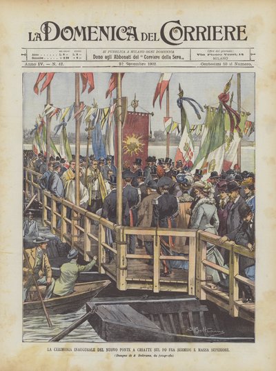A cerimônia de abertura da nova ponte em barcaças no Po entre Sermide e Massa Superiore de Achille Beltrame