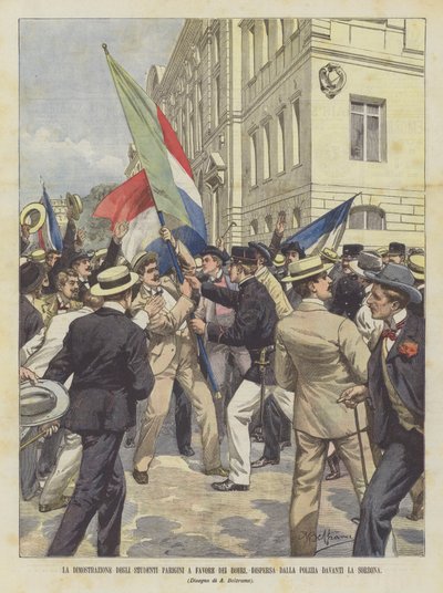 A manifestação de estudantes parisienses em favor dos bôeres, dispersos pela polícia em frente à Sorbonne de Achille Beltrame