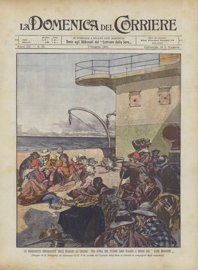 A emigração em desgraça dos italianos para o Canadá, uma cena do Penoso Sua jornada a bordo do lago Megantic de Achille Beltrame