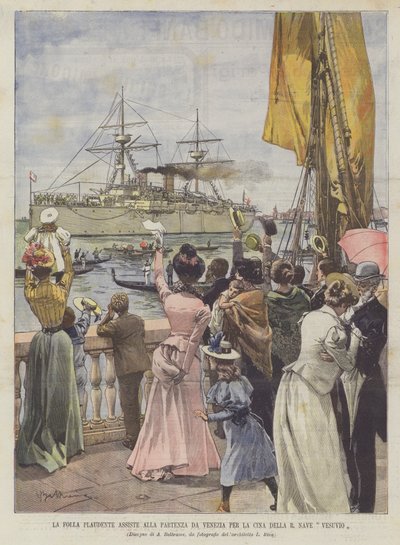 A Multidão Plauding Participa Partida De Veneza Para A China De R Nave Vesuvio de Achille Beltrame