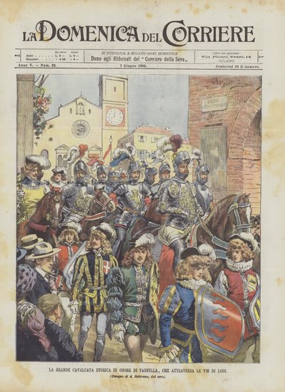 A grande cavalgada histórica em homenagem a Fanfulla, que atravessa as ruas de Lodi de Achille Beltrame
