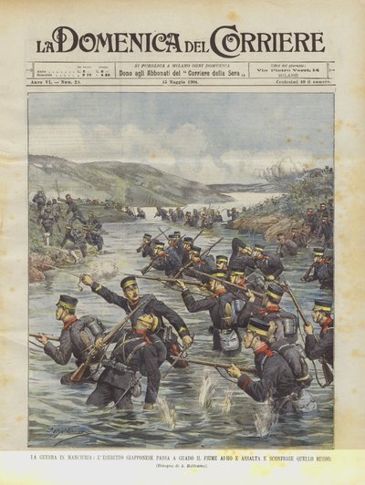 A guerra na Manchúria, o exército japonês passa o rio Ai-Ho e assalta e derrota o russo de Achille Beltrame