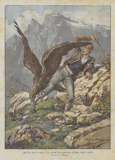 A luta entre uma águia e um pastor na montanha de Zerie, Trieste de Achille Beltrame