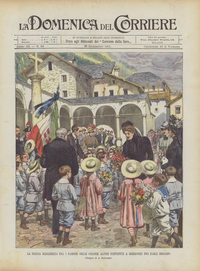 A rainha Margherita entre as crianças das colônias alpinas soldadas a Gressoney para cumprimentá-la de Achille Beltrame