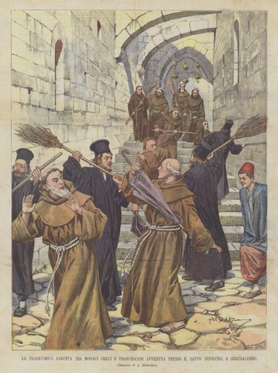 A Tragicomica Baruffa entre monges gregos e franciscanos no Santo Sepulcro, em Jerusalém de Achille Beltrame