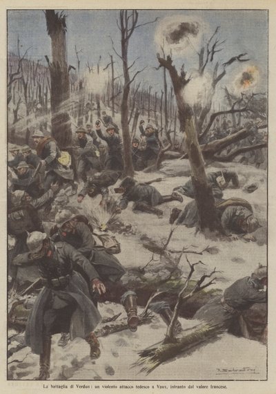 A Batalha de Verdun, um violento ataque alemão contra Vaux, quebrado pelo valor francês de Achille Beltrame