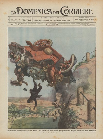 A catástrofe do carro em San Marino, um carro com oito pessoas cai durante de Achille Beltrame
