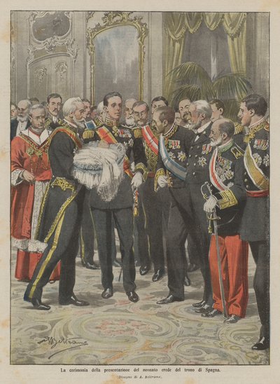 A cerimônia da apresentação do herdeiro recém-nascido ao trono da Espanha de Achille Beltrame