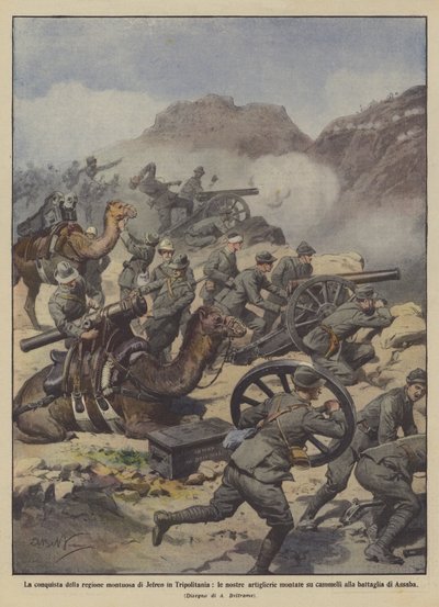 A conquista da região montanhosa de Jefren na Tripolitânia, nossa artilharia montada de Achille Beltrame