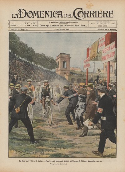 O final do Tour da Itália, a chegada de campeões de ciclistas na Arena de Milão, no último domingo de Achille Beltrame