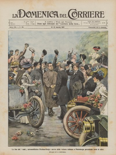 O fim do carro de Pequim-Paris, a chegada do carro italiano em Petersburg de Achille Beltrame
