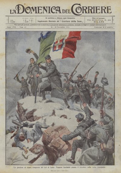 A conquista gloriosa e amarga de Col di Lana, Peppino Garibaldi planta o tricolor no pico conquistado de Achille Beltrame