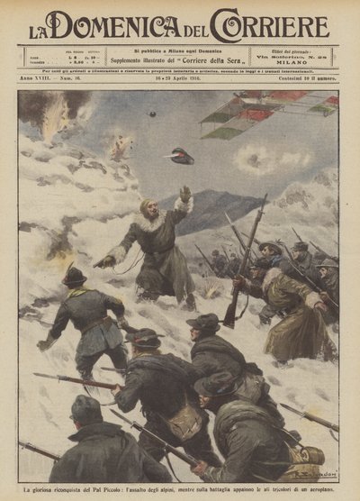 A gloriosa reconquista de Pal Piccolo, o assalto dos Alpines, enquanto na batalha aparecem de Achille Beltrame