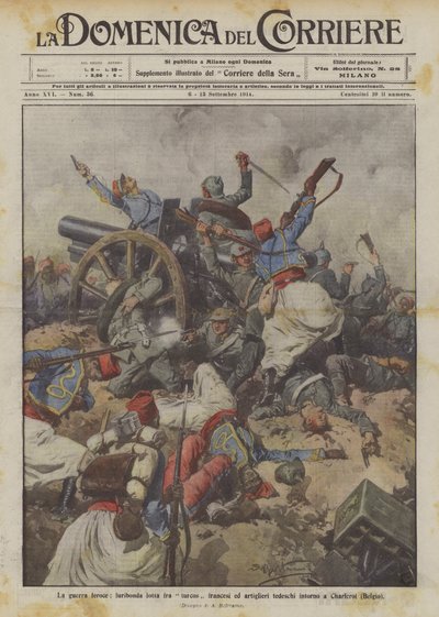A guerra feroz, luta furiosa entre os franceses Turcos e artilheiros alemães em torno de Charleroi (Bélgica) de Achille Beltrame
