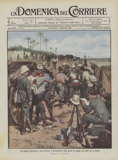 A guerra ítalo-turca, a hora de chegada e distribuição do posto ao acampamento, nos lugares mais avançados de Achille Beltrame