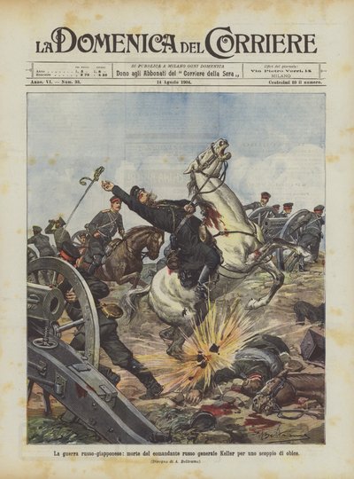 A guerra russo-japonesa, a morte do comandante russo General Keller por uma explosão de obus de Achille Beltrame